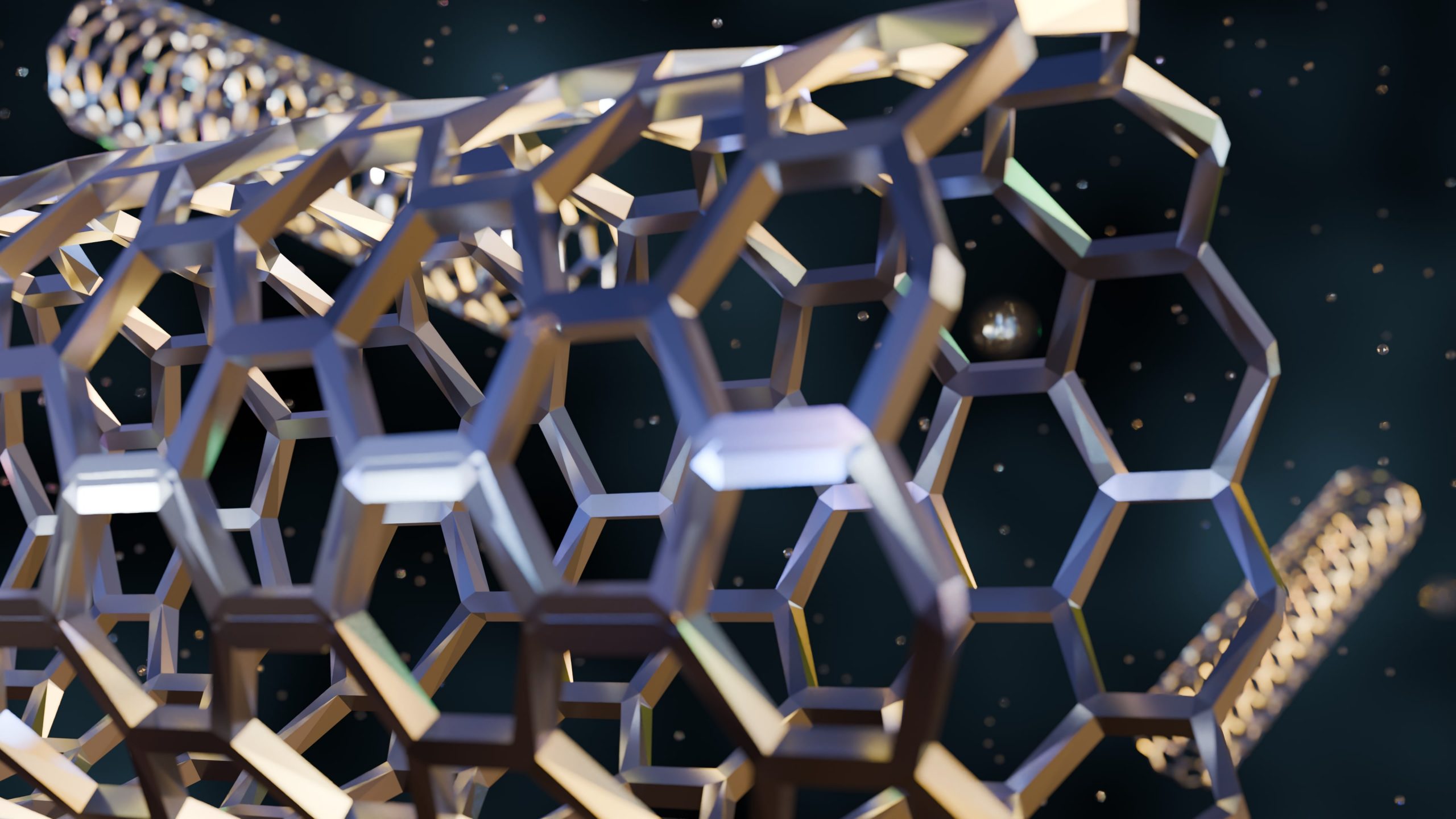 A 3d rendering of carbon nanotube or CNT structures, appears to be a single-walled carbon nanotube. The impression of advanced nanomaterials or molecular scaffolding.